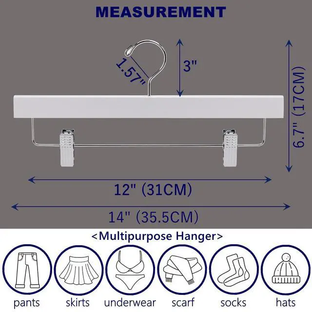 Alt view image 2 of 7 - 10 Pack White Wooden Pants Hangers with Adjustable Clips, 14"