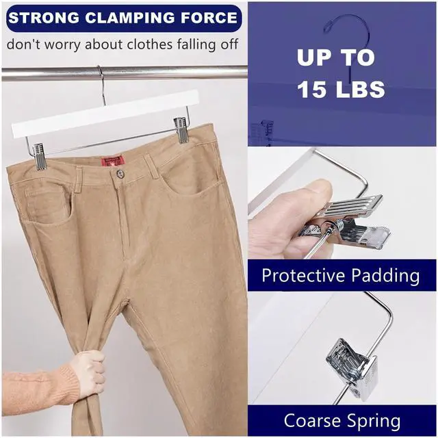 Alt view image 4 of 7 - 10 Pack White Wooden Pants Hangers with Adjustable Clips, 14"