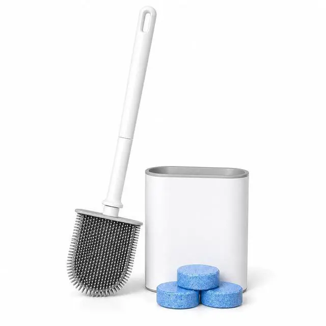 Main image of Silicone Toilet Brush and Holder Set with 3 Cleaning Tablets, Quick-Dry Base, Flexible Non-Scratch Bristles, Odor-Free Bathroom Toilet Bowl Cleaner Brush, Compact Space-Saving Design