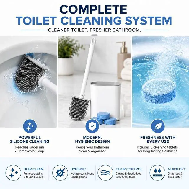 Alt view image 2 of 7 - Silicone Toilet Brush and Holder Set with 3 Cleaning Tablets, Quick-Dry Base, Flexible Non-Scratch Bristles, Odor-Free Bathroom Toilet Bowl Cleaner Brush, Compact Space-Saving Design