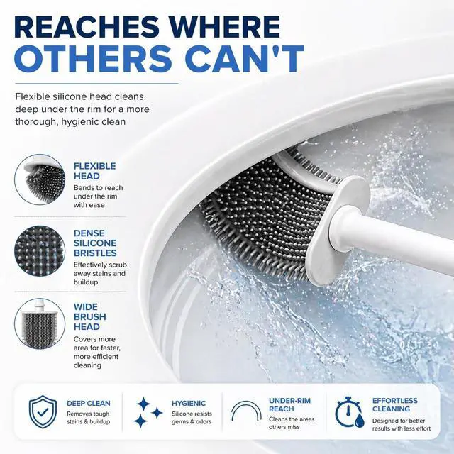 Alt view image 3 of 7 - Silicone Toilet Brush and Holder Set with 3 Cleaning Tablets, Quick-Dry Base, Flexible Non-Scratch Bristles, Odor-Free Bathroom Toilet Bowl Cleaner Brush, Compact Space-Saving Design