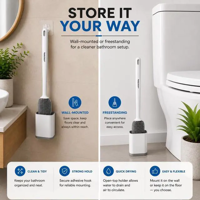 Alt view image 5 of 7 - Silicone Toilet Brush and Holder Set with 3 Cleaning Tablets, Quick-Dry Base, Flexible Non-Scratch Bristles, Odor-Free Bathroom Toilet Bowl Cleaner Brush, Compact Space-Saving Design