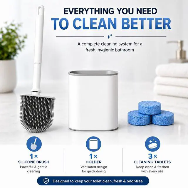 Alt view image 6 of 7 - Silicone Toilet Brush and Holder Set with 3 Cleaning Tablets, Quick-Dry Base, Flexible Non-Scratch Bristles, Odor-Free Bathroom Toilet Bowl Cleaner Brush, Compact Space-Saving Design