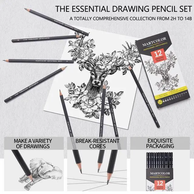Alt view image 4 of 7 - Drawing Sketching Pencils Set, 12 Pack Graphite Pencils(14B - 2H)