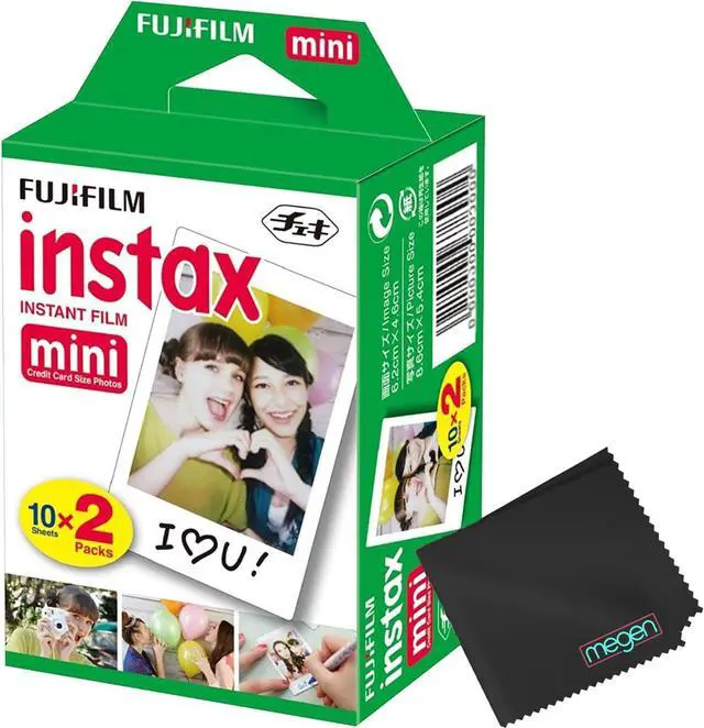 Main image of Mini Instant Film (White) for Mini 8,9,11,12,50s, 25, 7s, 90, 300 Cameras, Instax Mini Link's W/Microfiber Cloth by Megen (20 Prints)