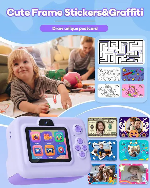 Alt view image 3 of 7 - Instant Print Camera for Kids,2.4 Inch Screen Kids Instant Cameras, Christmas Birthday Gifts for Girls Age 3-12, Portable Toddler Toy for 3 4 5 6 7 8 9 10 Year Old Girls Boys Purple