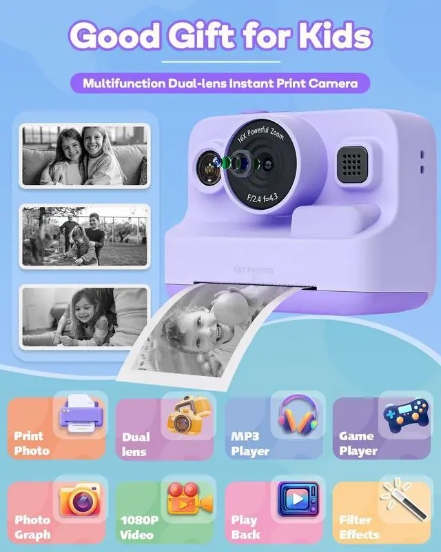 Alt view image 2 of 7 - Instant Print Camera for Kids,2.4 Inch Screen Kids Instant Cameras, Christmas Birthday Gifts for Girls Age 3-12, Portable Toddler Toy for 3 4 5 6 7 8 9 10 Year Old Girls Boys Purple