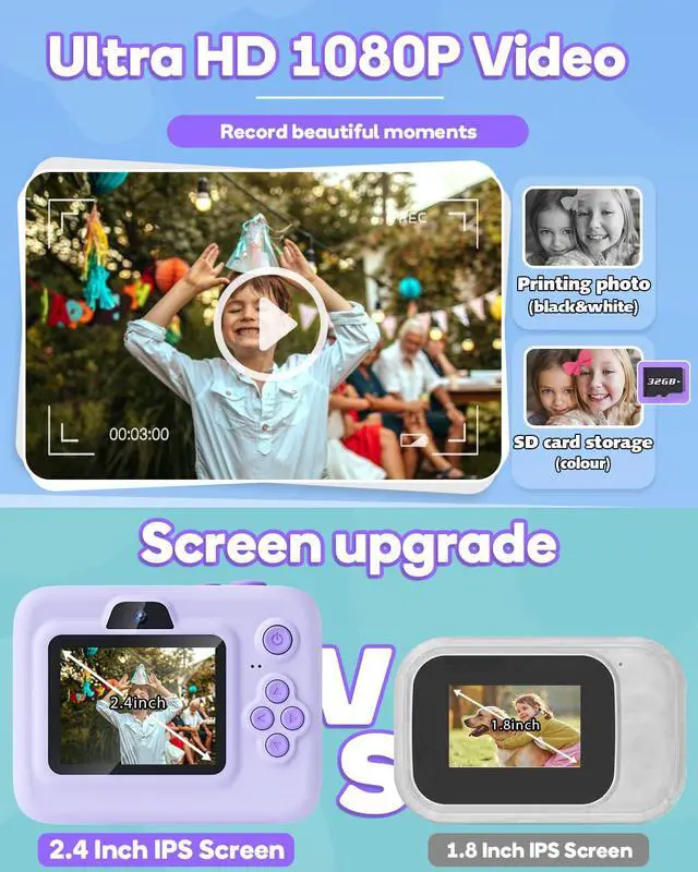 Alt view image 4 of 7 - Instant Print Camera for Kids,2.4 Inch Screen Kids Instant Cameras, Christmas Birthday Gifts for Girls Age 3-12, Portable Toddler Toy for 3 4 5 6 7 8 9 10 Year Old Girls Boys Purple