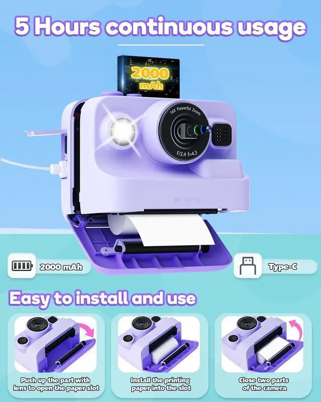 Alt view image 7 of 7 - Instant Print Camera for Kids,2.4 Inch Screen Kids Instant Cameras, Christmas Birthday Gifts for Girls Age 3-12, Portable Toddler Toy for 3 4 5 6 7 8 9 10 Year Old Girls Boys Purple