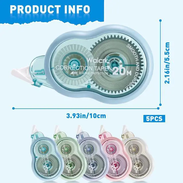 Alt view image 2 of 7 - Correction Tape with Dispenser, 65.6ft, Tear-Resistant, Easy-to-Use Applicator, for Office or School, 5-Pack (5, Multicolor)