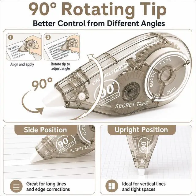 Alt view image 5 of 7 - White Correction Tape, 6 Pack, 20m/65.6 Ft, 90° Rotating Tip