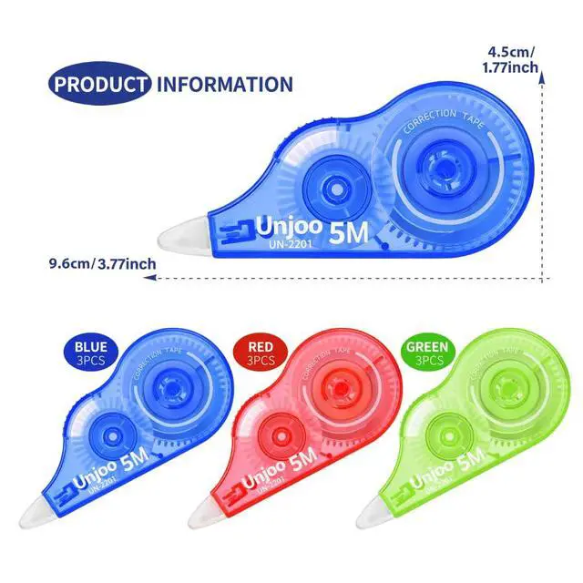 Alt view image 2 of 7 - White Correction Tape (9pack, 5M/196"x0.2", Redx3, Greenx3, Bluex3)