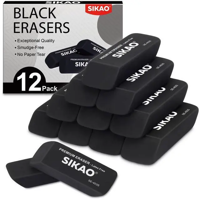 Main image of Black Erasers, 12 Pack Block Pencil Erasers