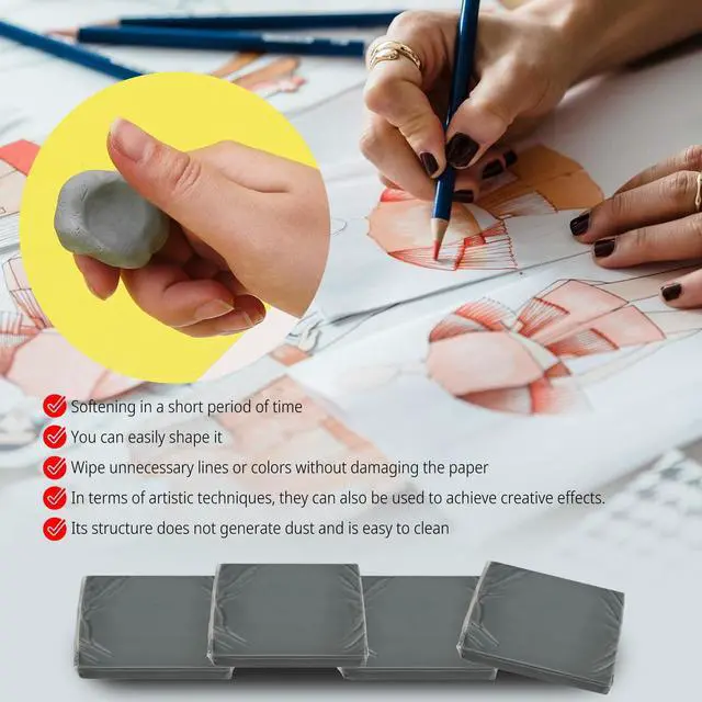 Alt view image 7 of 7 - 4 Pack Kneaded Eraser, Artist Eraser, Erasers for Drawing, Brighten Your Sketches and Drawings,1.45x1.35x0.32in,Grey