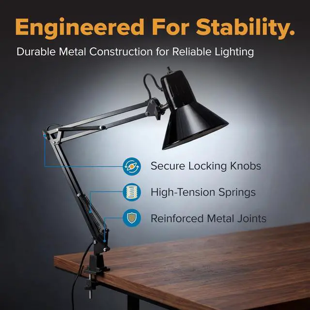 Alt view image 2 of 7 - Office VLF100 LED Swing Arm Desk Lamp with Clamp Mount, 36" Reach, Includes LED Bulb,Black