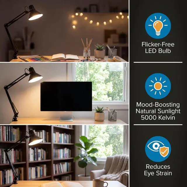 Alt view image 5 of 7 - Office VLF100 LED Swing Arm Desk Lamp with Clamp Mount, 36" Reach, Includes LED Bulb,Black