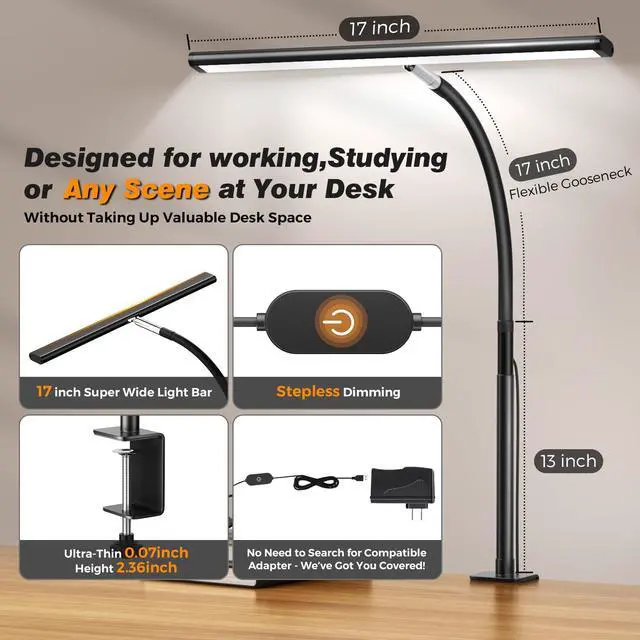 Alt view image 3 of 7 - LED Desk Lamp with Clamp, 17" Stepless Dimming Light, Black