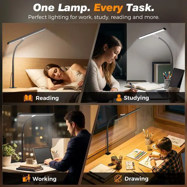 Alt view image 5 of 7 - LED Desk Lamp with Clamp, 17" Stepless Dimming Light, Black