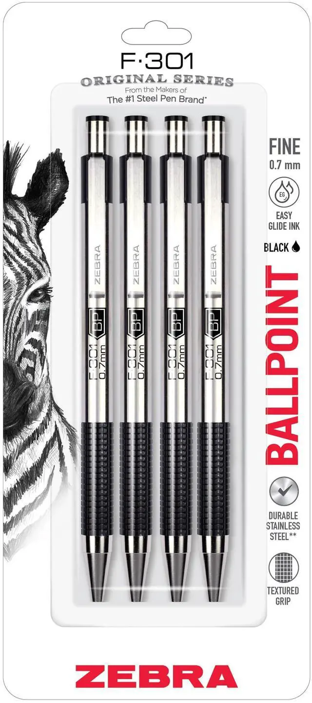 Main image of F-301 Ballpoint Black Ink Fine Point 0.7mm Pen, Easy-Glide Ink, Stainless Steel Retractable, Non-Slip Grip, Professional Design, Ideal for Office, Journal and Planner Use, 4-Pack (27114)