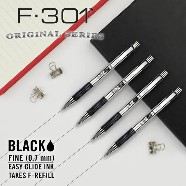 Alt view image 3 of 7 - F-301 Ballpoint Black Ink Fine Point 0.7mm Pen, Easy-Glide Ink, Stainless Steel Retractable, Non-Slip Grip, Professional Design, Ideal for Office, Journal and Planner Use, 12-Pack (27110)