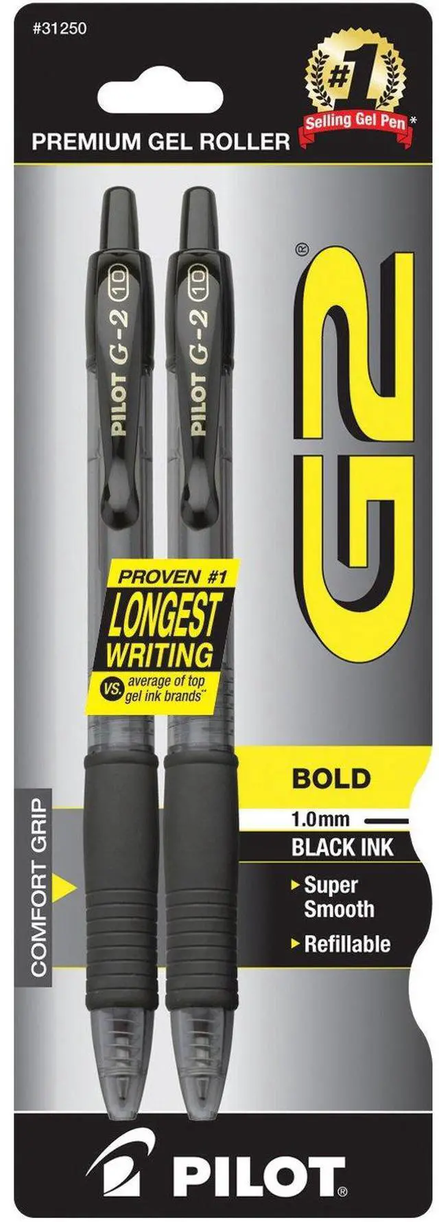 Main image of G2 Premium Refillable & Retractable Rolling Ball Gel Pens, Bold Point, Bold Gel Pens, 1.0 mm, Black Ink, 2-Pack