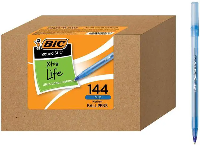 Main image of BIC Round Stic Xtra Life Blue Ballpoint Pens, Medium Point (1.0mm), 144-Count Pack of Bulk Pens, Flexible Round Barrel for Writing Comfort, No. 1 Selling Ballpoint Pens