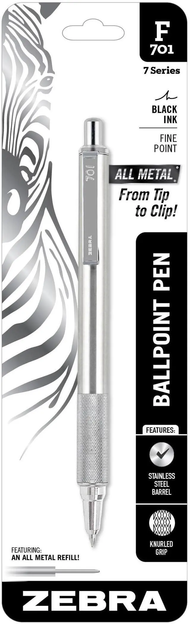Main image of F-701 Ballpoint Black Ink Fine Point 0.8mm Pen, Heavy Duty, Durable Stainless Steel Barrel, Knurled Grip, Silent Retractable Plunger, Ideal for Tactical Use, 1-Pack (29411)