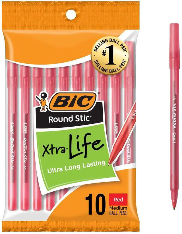 Main image of Round Stic Xtra Life Red Ballpoint Pens, Medium Point, 1.0mm, 10-Count