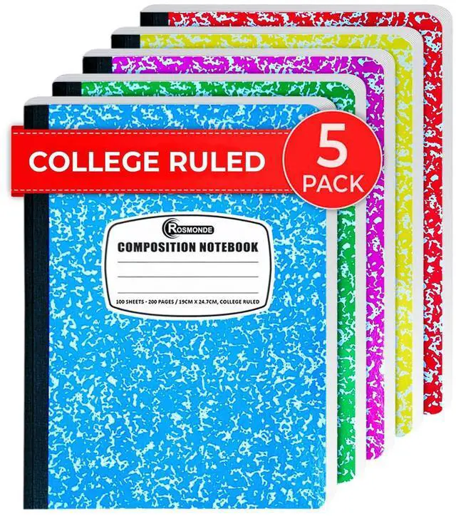 Main image of 5 Pack Composition Notebooks College Ruled, 200 No Bleed Pages (100 Sheets) 9-3/4x7-1/2 Notebooks for Work, Back to School Supplies for College Students, Notebooks for Women, Colors May Repeat