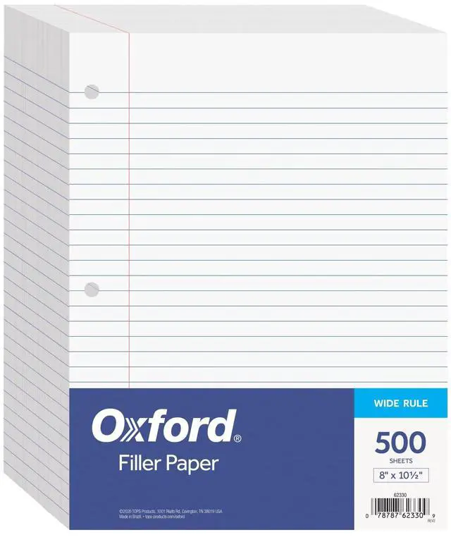 Main image of Filler Paper, 8 x 10-1/2 Inch Wide Ruled Paper, 3 Hole Punch, Loose Leaf Notebook Paper for 3 Ring Binders, 500 sheets (62330), white