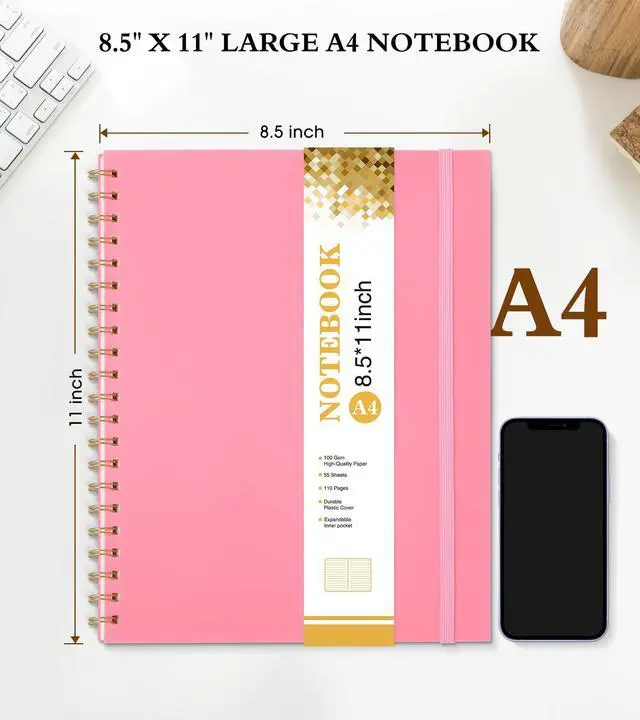 Alt view image 2 of 7 - Spiral Notebook Journal 8.5 x 11, A4 Large Pink Notebooks for Women Men, College Ruled Lined Journal, 100 GSM Paper, Plastic Hardcover Spiral Bound Journals for Work School Note Taking Business