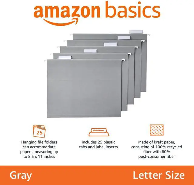 Alt view image 2 of 5 - Hanging File Folders with Adjustable Tabs for Document Organization, Letter Size, Gray, 25-Pack