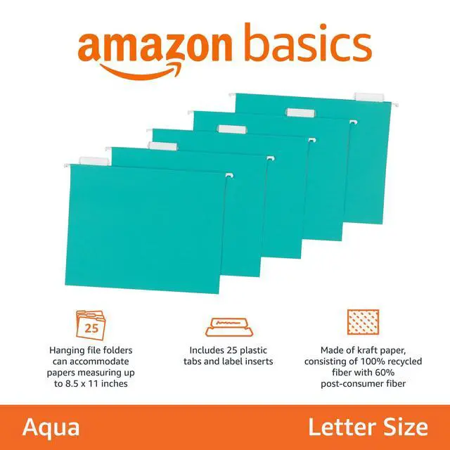 Alt view image 2 of 5 - Hanging File Folders with Adjustable Tabs for Document Organization, Letter Size, Aqua, 25-Pack
