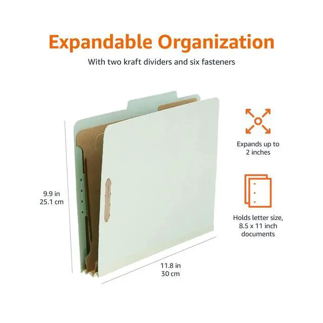 Alt view image 3 of 4 - Sturdy Pressboard Classification File Folders with Fasteners, Dividers, 2" Expansion for Documents Organization, 11.97 x 10.55 inch, Green, 10-Pack