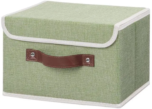 Main image of Storage Bin with Lid Storage Boxes with PU Leather Handles PP Plastic Board Decorative Foldable Lidded Cotton Linen Fabric Home Cubes Baskets Closet Organizer Container - Green, Small Size