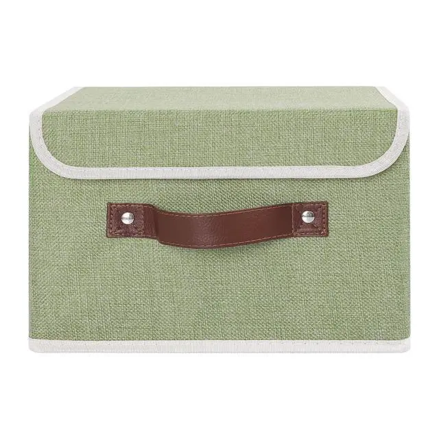 Alt view image 2 of 7 - Storage Bin with Lid Storage Boxes with PU Leather Handles PP Plastic Board Decorative Foldable Lidded Cotton Linen Fabric Home Cubes Baskets Closet Organizer Container - Green, Small Size