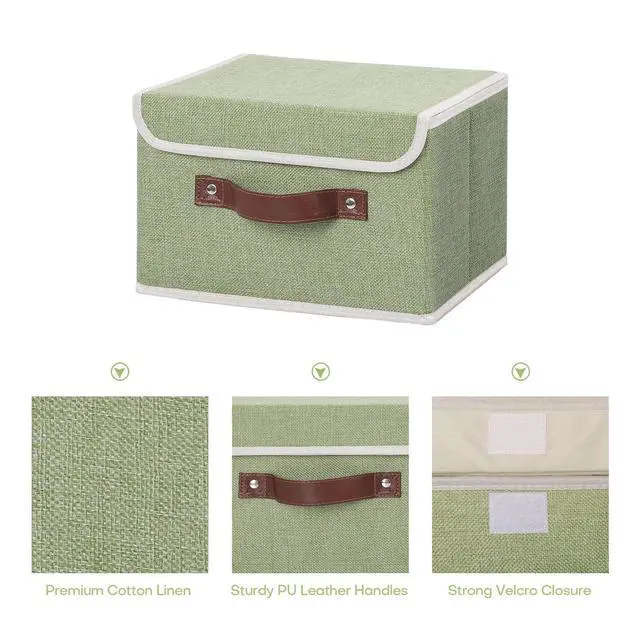 Alt view image 3 of 7 - Storage Bin with Lid Storage Boxes with PU Leather Handles PP Plastic Board Decorative Foldable Lidded Cotton Linen Fabric Home Cubes Baskets Closet Organizer Container - Green, Small Size