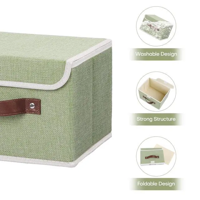 Alt view image 4 of 7 - Storage Bin with Lid Storage Boxes with PU Leather Handles PP Plastic Board Decorative Foldable Lidded Cotton Linen Fabric Home Cubes Baskets Closet Organizer Container - Green, Small Size