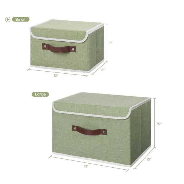 Alt view image 5 of 7 - Storage Bin with Lid Storage Boxes with PU Leather Handles PP Plastic Board Decorative Foldable Lidded Cotton Linen Fabric Home Cubes Baskets Closet Organizer Container - Green, Small Size
