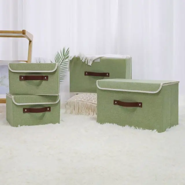 Alt view image 7 of 7 - Storage Bin with Lid Storage Boxes with PU Leather Handles PP Plastic Board Decorative Foldable Lidded Cotton Linen Fabric Home Cubes Baskets Closet Organizer Container - Green, Small Size