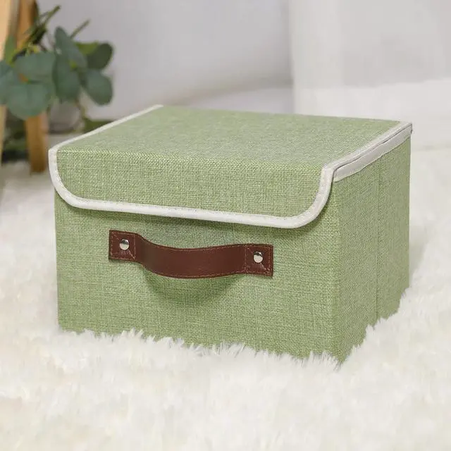 Alt view image 6 of 7 - Storage Bin with Lid Storage Boxes with PU Leather Handles PP Plastic Board Decorative Foldable Lidded Cotton Linen Fabric Home Cubes Baskets Closet Organizer Container - Green, Small Size