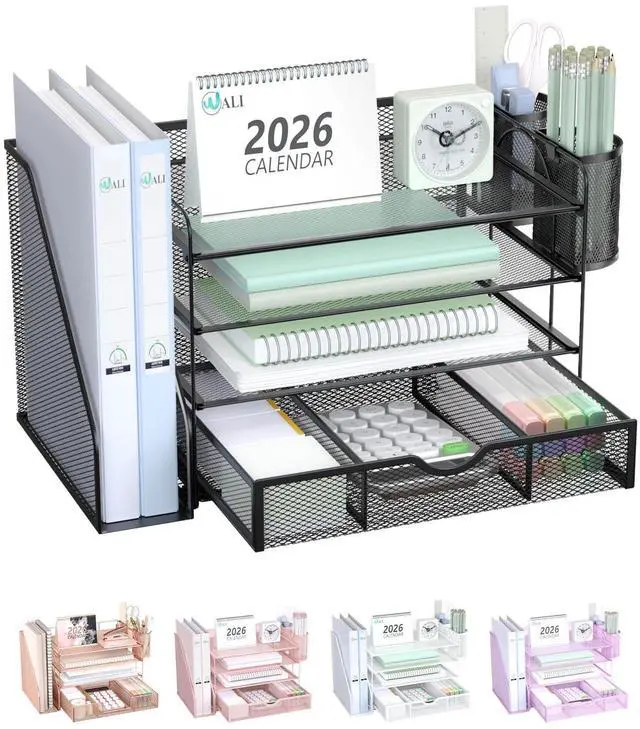 Main image of Desk File Organizer, 4 Tier Desktop Paper Letter Tray Organizer with Drawer and 2 Pen Holders, Office Desk Accessories & Workspace Organizers for Office, Home Supplies(DO005DH-B), 1 Pack, Black