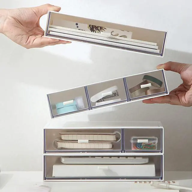 Alt view image 3 of 7 - Desk Organizer with Drawers Stackable Storage Drawers, Plastic Compact Desk Storage Box Great for Office School Home Small Space- 1drawers (White)