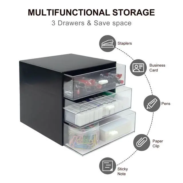 Alt view image 2 of 7 - Desk Organizer with Drawer, Desk Storage Box, Plastic Office Stationery Supplies Organizers, Desktop Organizer for Office School Home (3 drawer, Black)