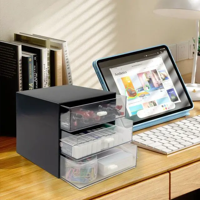 Alt view image 7 of 7 - Desk Organizer with Drawer, Desk Storage Box, Plastic Office Stationery Supplies Organizers, Desktop Organizer for Office School Home (3 drawer, Black)
