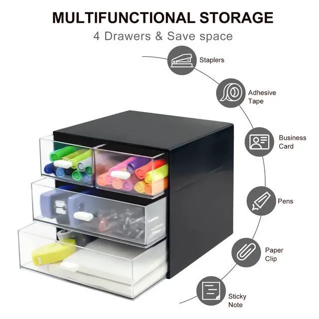 Alt view image 2 of 7 - Desk Organizer with Drawer, Desk Storage Box, Plastic Office Stationery Supplies Organizers, Desktop Organizer for Office School Home (4 drawer, Black)