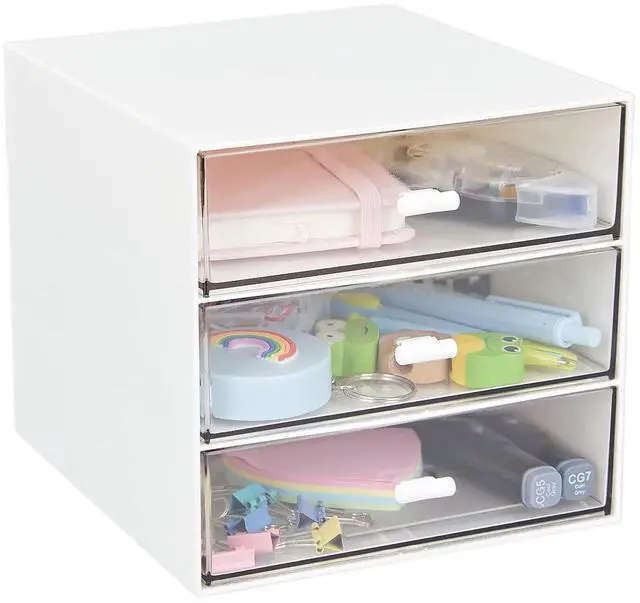 Main image of Desk Organizer with 3 Drawers, Clear Plastic Desk Storage Box, Desktop Organization for Office Supplies, Gel Pens, Pencils, Markers, Tape, Erasers, Paperclips, Chargers (White-3 Draws)