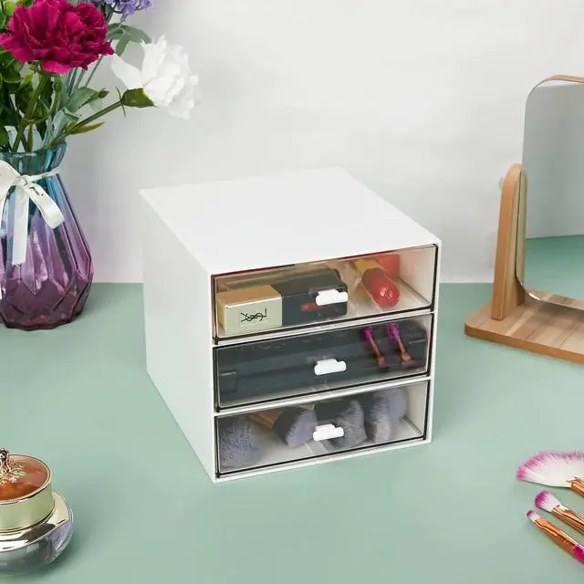 Alt view image 6 of 7 - Desk Organizer with 3 Drawers, Clear Plastic Desk Storage Box, Desktop Organization for Office Supplies, Gel Pens, Pencils, Markers, Tape, Erasers, Paperclips, Chargers (White-3 Draws)