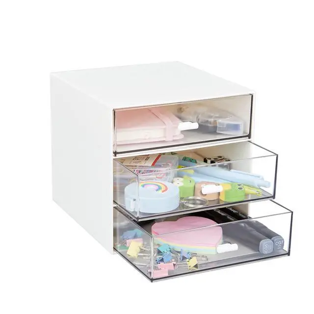 Alt view image 2 of 7 - Desk Organizer with 3 Drawers, Clear Plastic Desk Storage Box, Desktop Organization for Office Supplies, Gel Pens, Pencils, Markers, Tape, Erasers, Paperclips, Chargers (White-3 Draws)