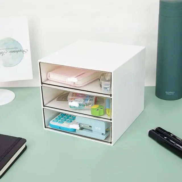 Alt view image 7 of 7 - Desk Organizer with 3 Drawers, Clear Plastic Desk Storage Box, Desktop Organization for Office Supplies, Gel Pens, Pencils, Markers, Tape, Erasers, Paperclips, Chargers (White-3 Draws)